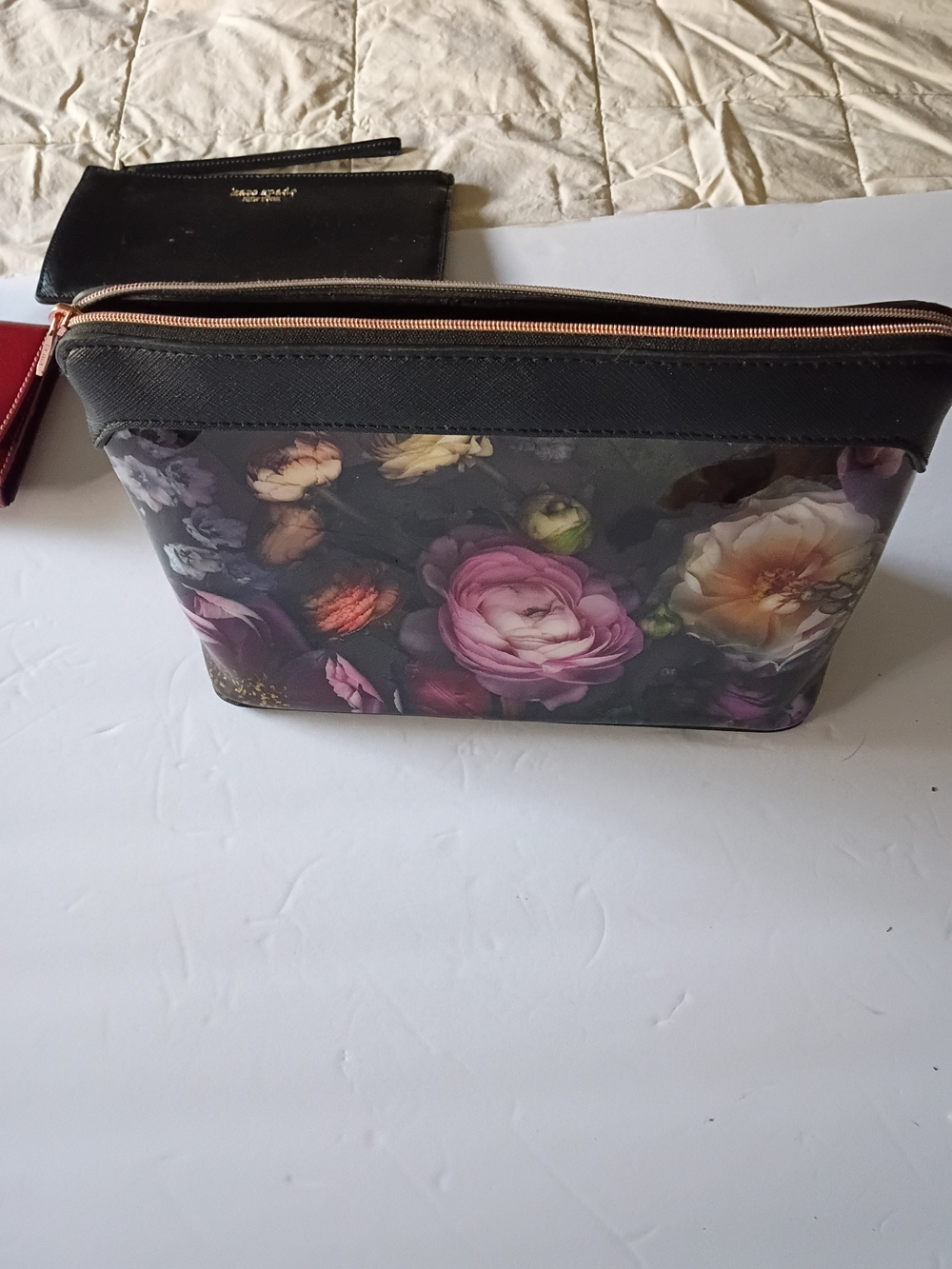 Ted Baker Floral Cosmetic Pouch in Black with Pink & Cream Flowers